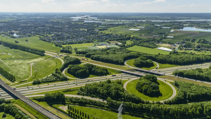 Luchtfoto van een knooppunt in het Nederlandse snelwegennet